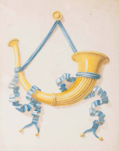 Attribué à Jean-Démosthène DUGOURC (1749-1825) 
Quatre dessins d'instruments de musique...