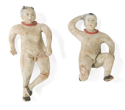 null Paire de danseurs en terre cuite polychrome.
Dans le gout de l'époque Han