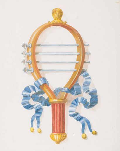 Attribué à Jean-Démosthène DUGOURC (1749-1825) 
Quatre dessins d'instruments de musique...
