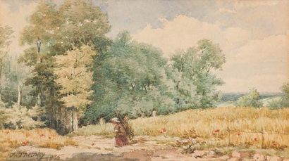 J. THORNLEY (Actif en 1885) Promeneurs près de l'entrée d'un parc - Porteuse de fagots...