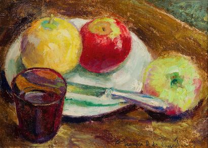 Georges de POGEDAIEFF (1897-1971) 
Les pommes au verre
Huile sur toile. Signé en...