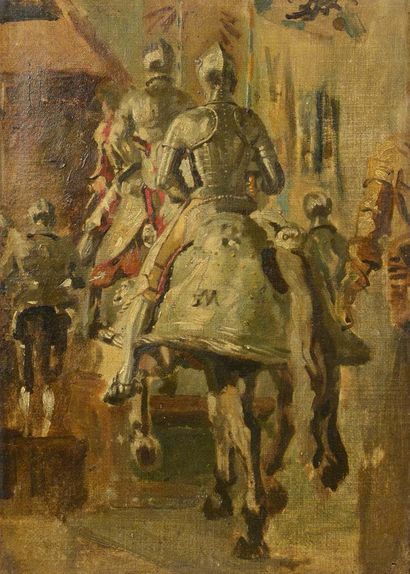 Ernest MEISSONNIER (Lyon 1815 -Paris 1891) Deux cavaliers en armure Toile. Monogrammé...