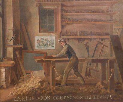 Ecole FRANCAISE, vers 1830 L'atelier du menuisier : un homme rabotant un morceau...