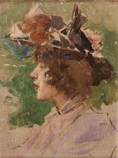 École FRANÇAISE vers 1880 Femme au chapeau Papier collé sur panneau 18 x 14 cm