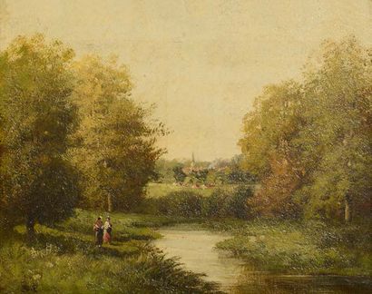 ÉCOLE FRANCAISE. XIXème siècle 
Paysage à la rivière
Huile sur toile 33,5x25 cm