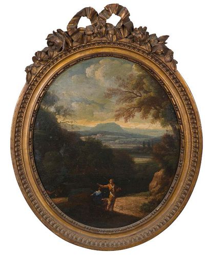 Ecole italienne fin XVIIIème Paysages animés Suite de trois huiles sur toile 45 x...