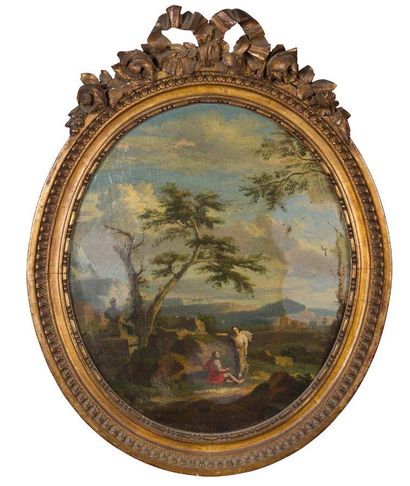 Ecole italienne fin XVIIIème Paysages animés Suite de trois huiles sur toile 45 x...