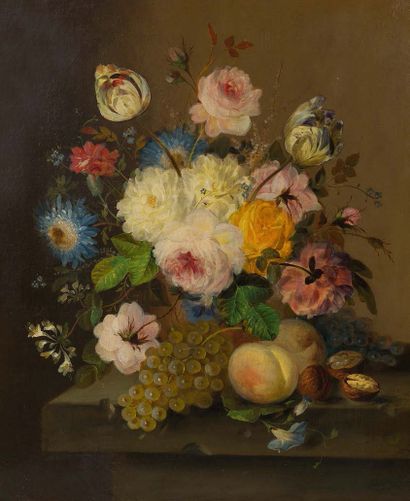 ÉCOLE FRANCAISE. XIXème siècle 
Vase de fleurs et fruits sur un entablement
Huile...