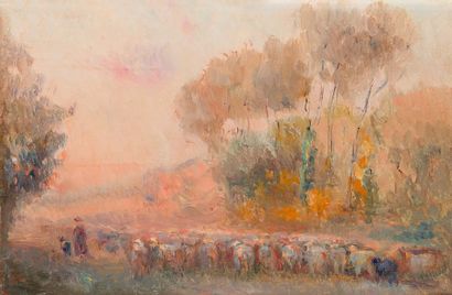 Albert Marie LEBOURG (1849 - 1928) 
La rentrée du troupeau de mouton au soleil couchant
Huile...