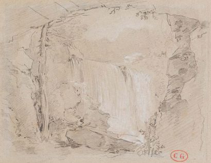 Attribué à Joseph Marie VIEN (1716 - 1809) Une cascade Pierre noire et rehauts de...