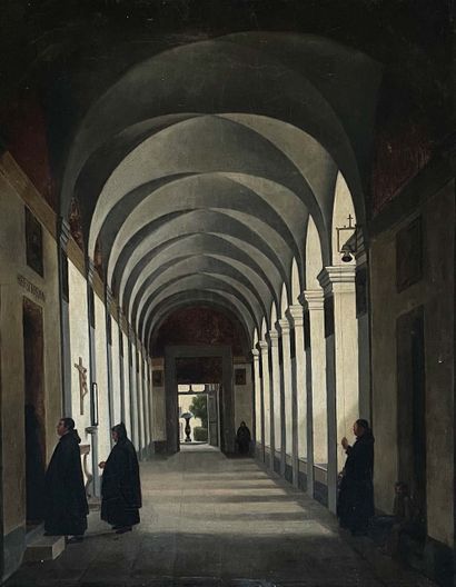 Ecole FRANÇAISE vers 1830 L'entrée du réfectoire dans le Cloître de l'église de Gesù...