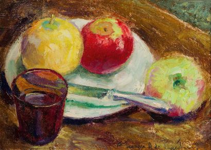 Georges de POGEDAIEFF (1897-1971) Les pommes au verre
Huile sur toile. Signé en bas...