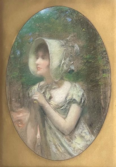 Henri GERVEX (1852-1929). Jeune femme dans un parc
Pastel, signé en bas à droite.
46,5...