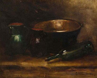 Ecole Française. XXème siècle Still life with copper cauldron
Oil on canvas. Illegible...