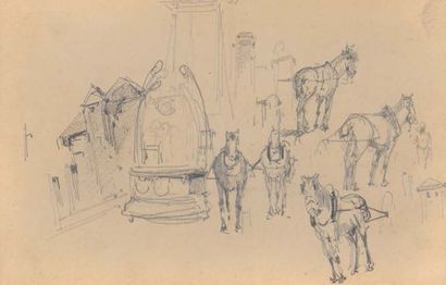 Attribué à Eugène GALIEN-LALOUE (1854-1941) Draft horses
Farmyard
Two graphite pencils...