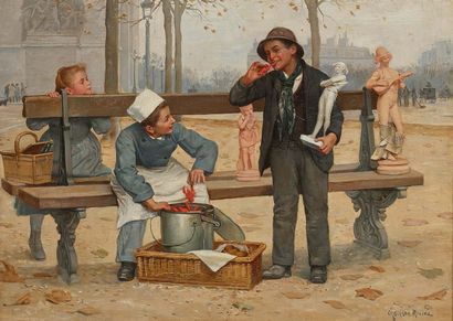 Paul-Charles CHOCARNE-MOREAU (1855-1931) Le petit cuisinier d'écrevisses et le brocanteur,...