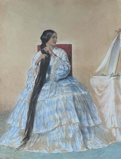 Auguste Denis RAFFET (Paris 1804-Gênes 1860) Portrait d'une femme assise, aux longs...