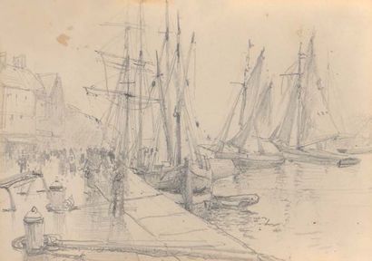 Attribué à Eugène GALIEN-LALOUE (1854-1941) Bâteaux de pêche à quai
Mine de plomb...