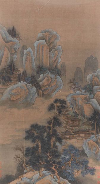 CHINE, fin XIXe siècle Grande peinture à l'encre et couleurs sur soie, représentant...