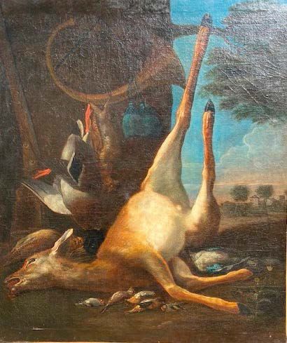 Jean Baptiste TYSSENS (act 1688-1691) Nature morte au gibier
Huile sur toile. Rentoilage...