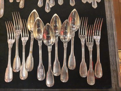 null Six pieces of silver cutlery, net pattern, numbered "MP" 1095,25 gr