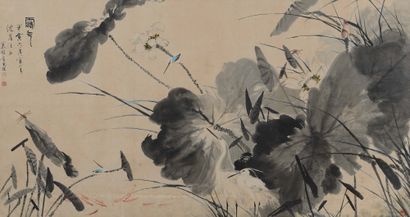 Cao GUOJIAN (Né en 1936) Lotus, heron, dragonflies and kingfisher
Watercolour and...