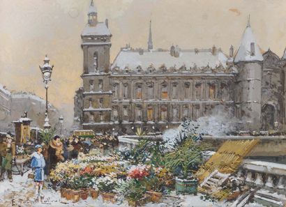 Eugène GALIEN-LALOUE (1854-1941) The flower market on the quays, Paris
Gouache on...