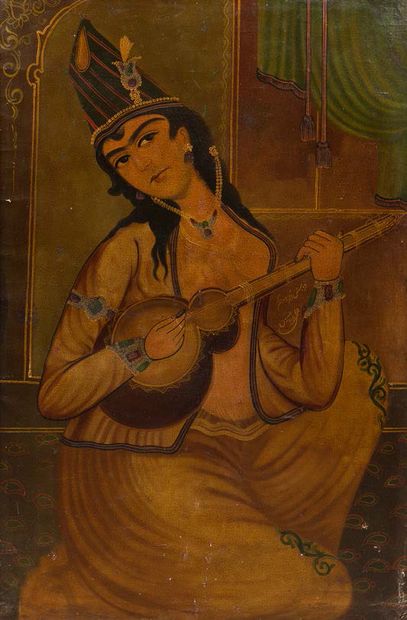 Ecole Kadjar. Fin XIXème siècle Portrait de musiciens
Deux huiles sur toile. (Accidents)....