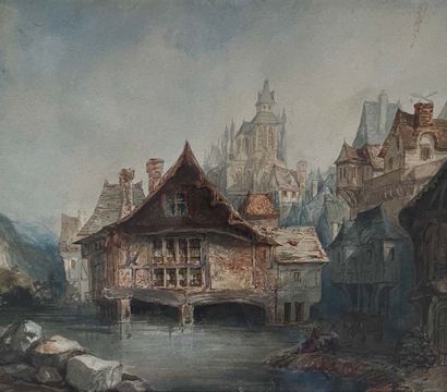 Ecole FRANCAISE du XIXème siècle, suiveur d'Eugène ISABEY Vue d'une ville sur l'eau
Aquarelle...
