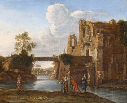 Attribué à Jan TENGNAGEL (1584-1635) Promeneurs près d'une cascade
Cuivre 14,5 x...