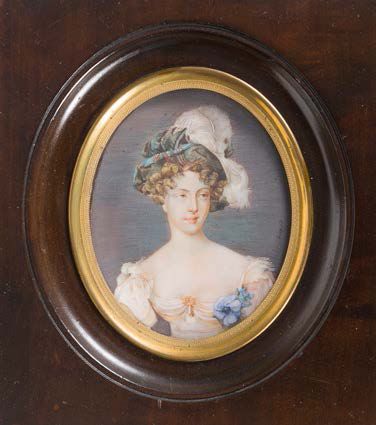 Ecole du XIXème siècle Portrait of a woman with a white ostrich feathered hat and...