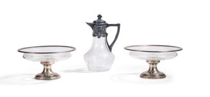 null Set including a carafe and a pair of engraved glass cups, silver plated metal...
