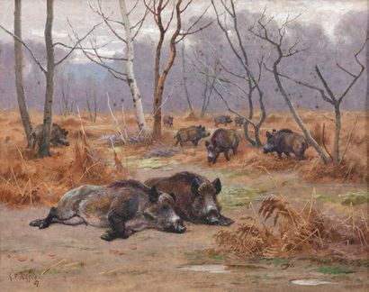 Georges Frédéric ROTIG (1873 - 1961) Animated landscape of wild boars
Gouache and...