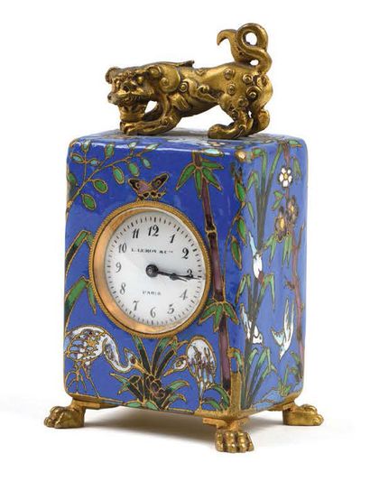 LE ROY ET FILS Enamelled bronze and cloisonné clock with animal and exotic plant...