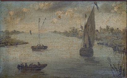 Dans le goût d'Auguste GICQUEAU (1858- ?) Bateaux de pêche en rivière
Paire d'huiles...
