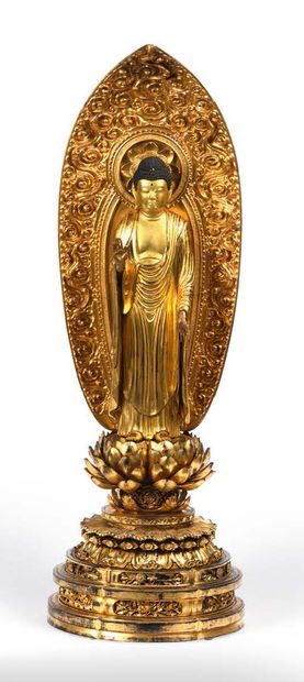 Large gilt lacquered wood statue of Amida...