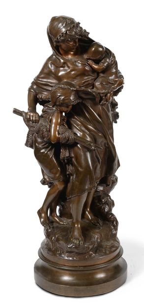 Mathurin MOREAU (1822-1912) Return from shellfishing Large bronze model, chased with...