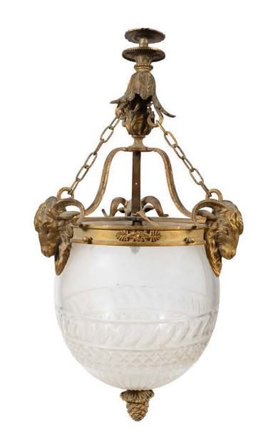  Hanging lamp in cut crystal with geometrical decoration. Chased and gilded bronze...