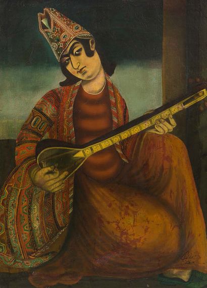 Ecole KADJAR de la Fin XIXème siècle Portrait de musiciens Deux huiles sur toile....