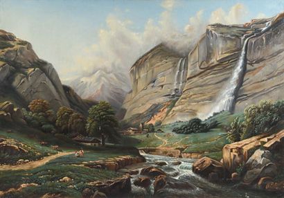 Vincent ROBY (actif au XIXème siècle) Paysage de montagne animé
Huile sur toile
63...