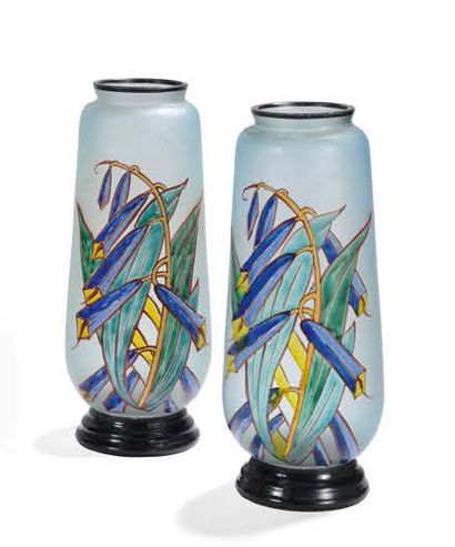 Suite of two frosted glass vases with enamelled...