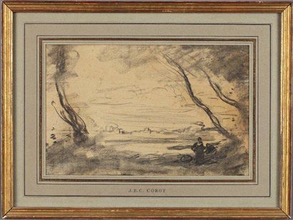 ATTRIBUÉ À LOUVEAU-ROUVEYRE (1881-?) Paysage animé d'après Corot Dessin au fusain...