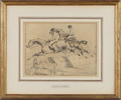 D'APRÈS ALFRED DE DREUX (1810-1860) Le saut de l'obstacle par deux jockeys Dessin...