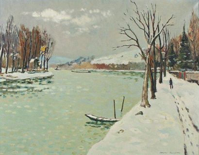 JACQUES BOUYSSOU (1926-1997) Paysage d'hiver à la Frette. Huile sur toile signée...