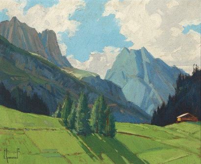PIERRE COMMARMOND (1897-1983) Paysage de montagne. Huile sur toile signée en bas...