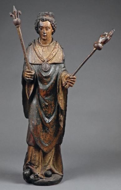 ÉCOLE FRANCAISE DU XVIÈME SIECLE Charlemagne Statuette en bois sculpté polychrome...