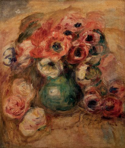 Pierre Auguste RENOIR (1841 - 1919) Vase of anemones and roses
Around 1907 - 1908
Oil...