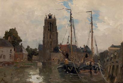 FRANK-BOGGS (1855-1926) Le port de Dordrecht
Huile sur toile, signée en bas à droite.
40...