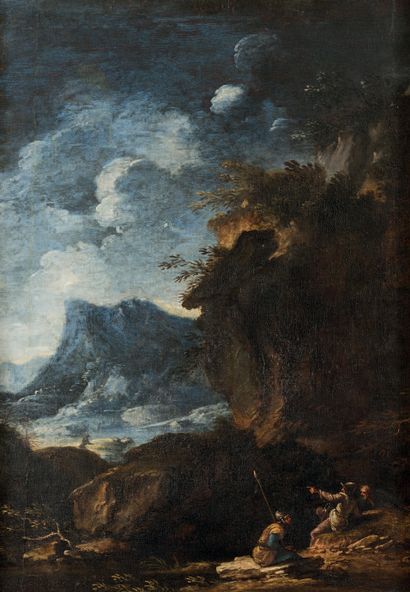 Attribué à Salvator ROSA (1615 - 1673) Soldats au repos dans un paysage rocheux
Toile...