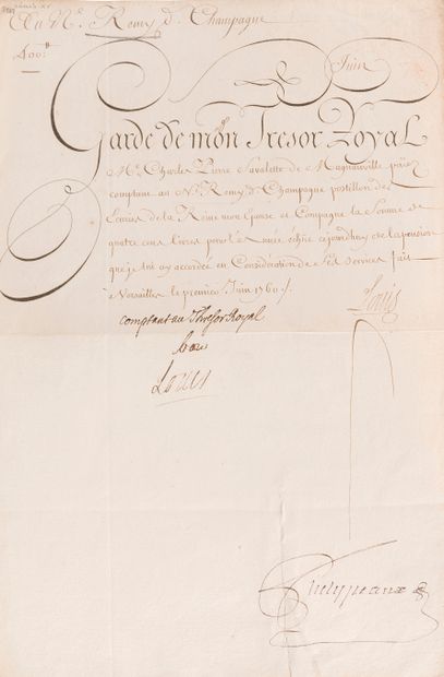 LOUIS XV (1710-1774). Pièce signée (signature autographe, avec le mot «bon»), signée...